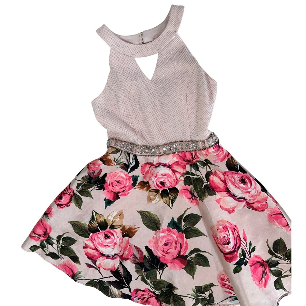 Rare Editions Girls Pink Floral Halter Party‎ Dress Rhinestone Waist Size 12